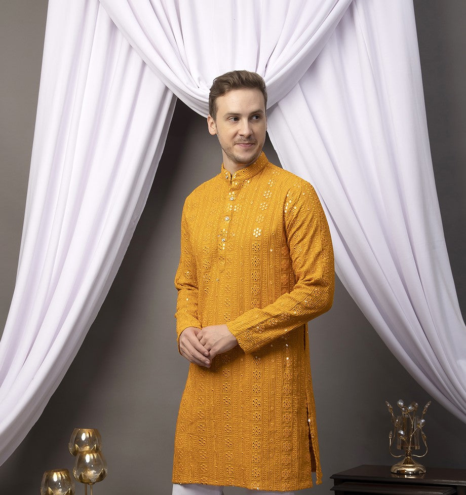 Hangup Men Partywear Mustard Kurta