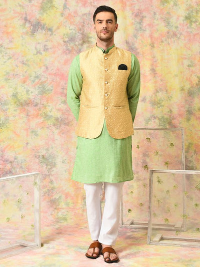 Hangup Men's Ethnic Green Long Kurta Pyjama and Nehru Jacket Set