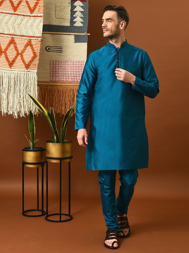 Hangup Men's Ethnic Sea Green Long Kurta Pyjama and Nehru Jacket Set