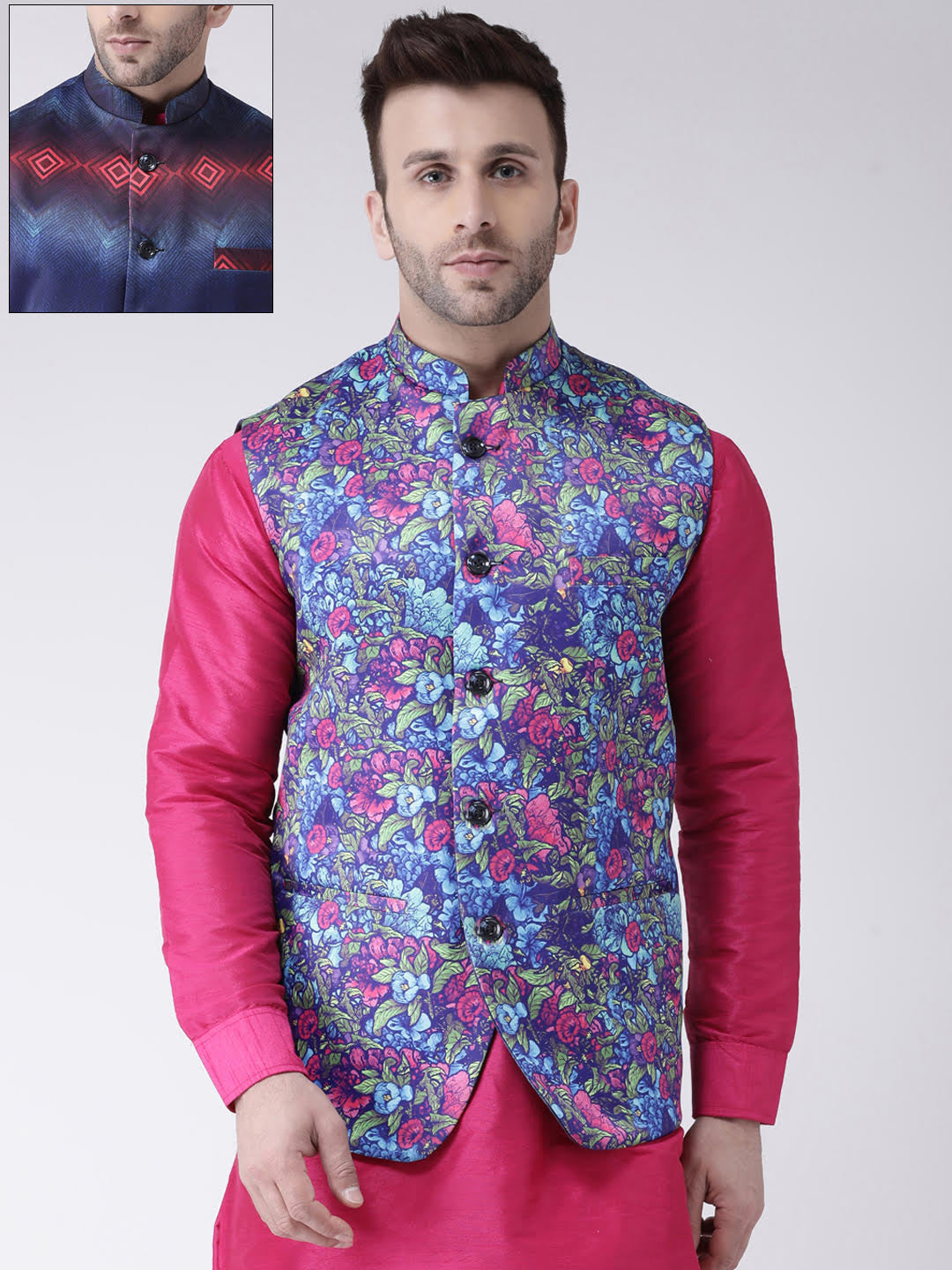 Hangup Men's Printed Polyester Viscose Party Reversible Nehru