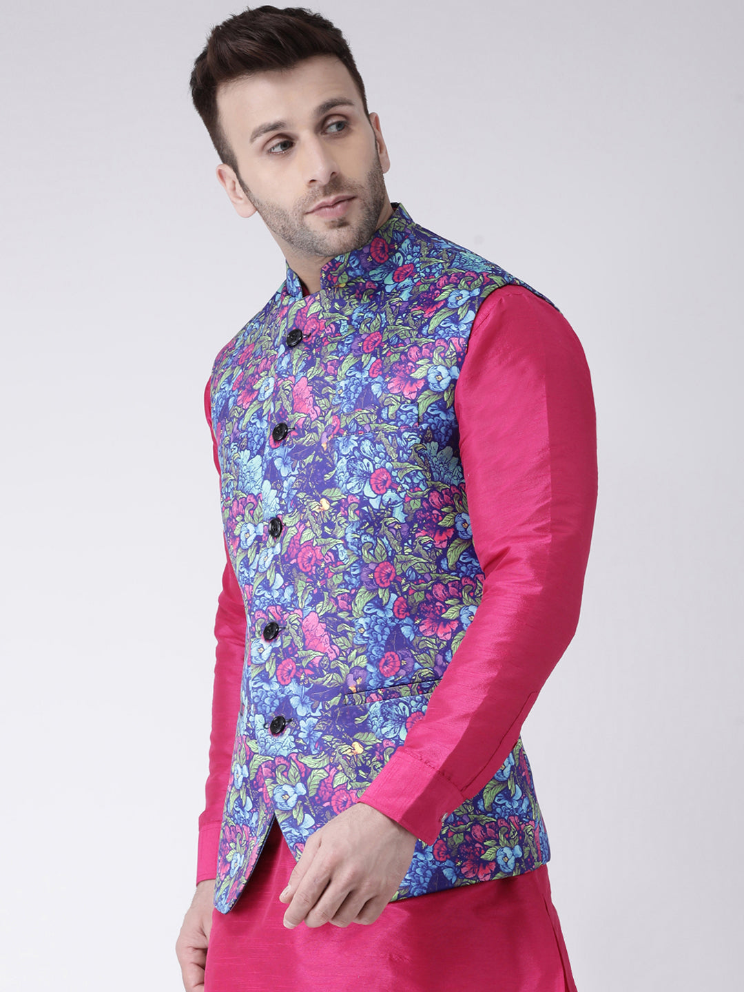 Hangup Men's Printed Polyester Viscose Party Reversible Nehru