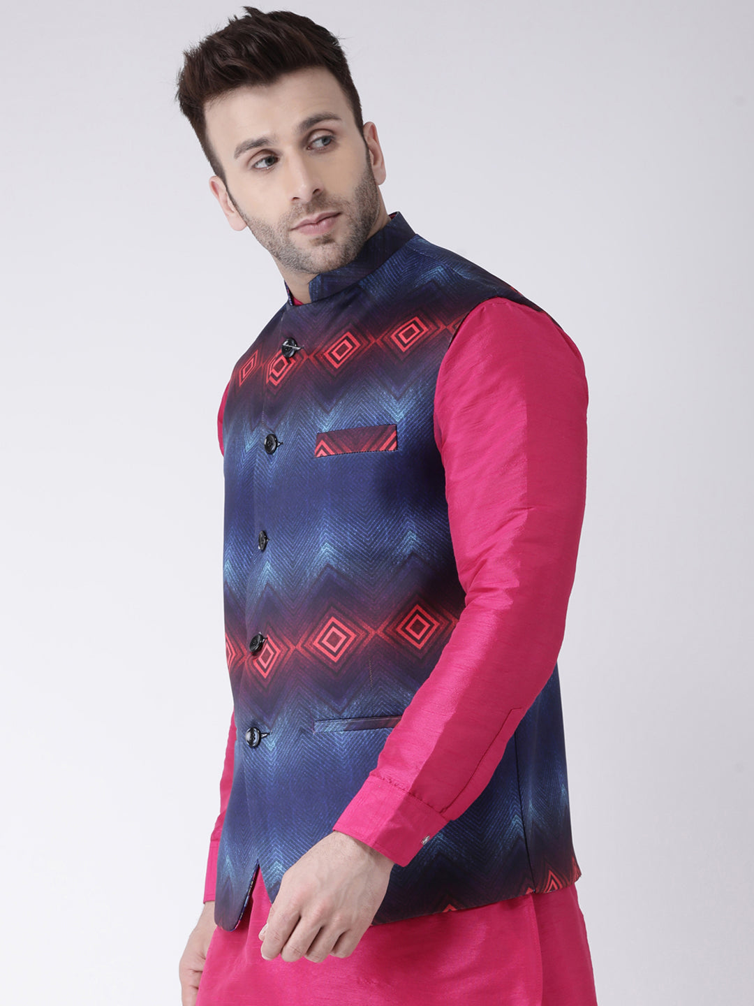 Hangup Men's Printed Polyester Viscose Party Reversible Nehru