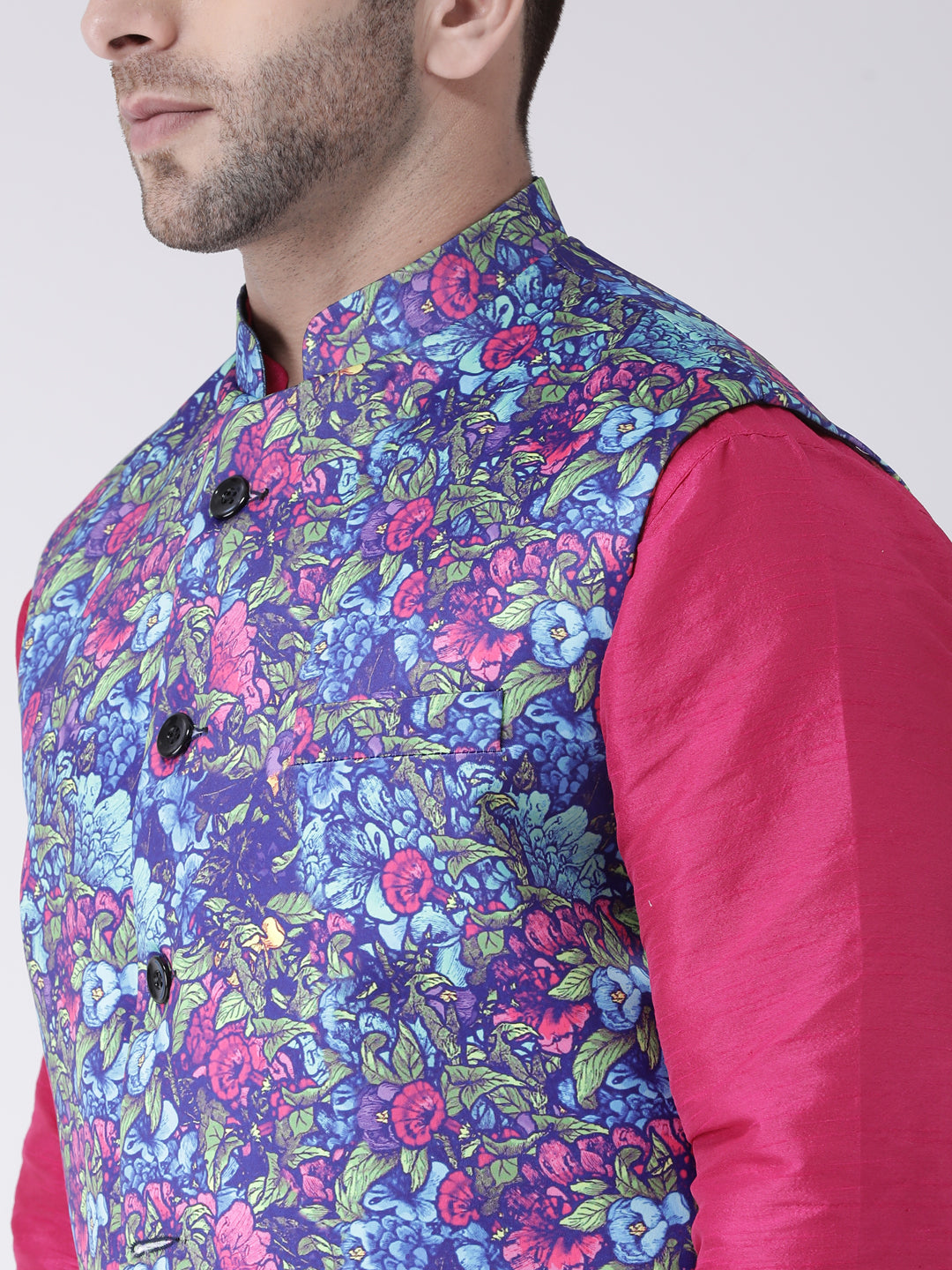 Hangup Men's Printed Polyester Viscose Party Reversible Nehru