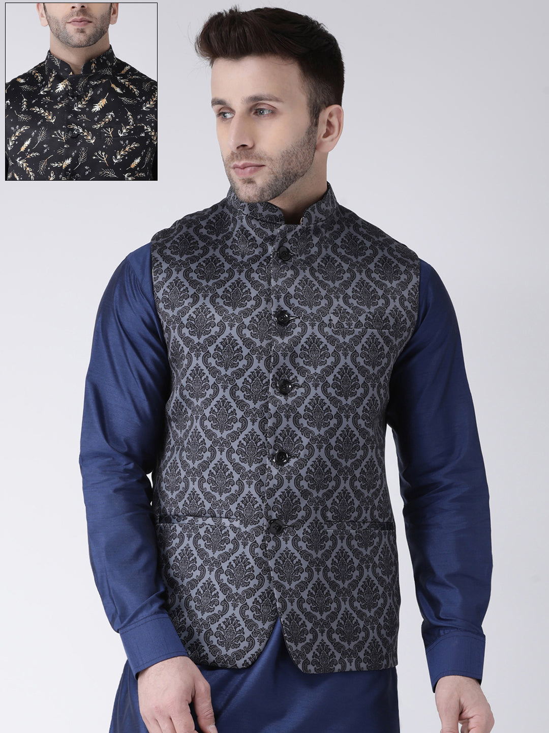 Hangup Men's Printed Polyester Viscose Party Reversible Nehru