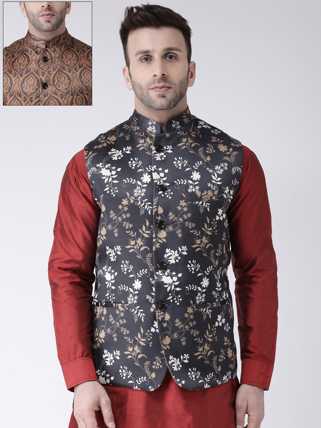 Hangup Men's Printed Polyester Viscose Party Reversible Nehru