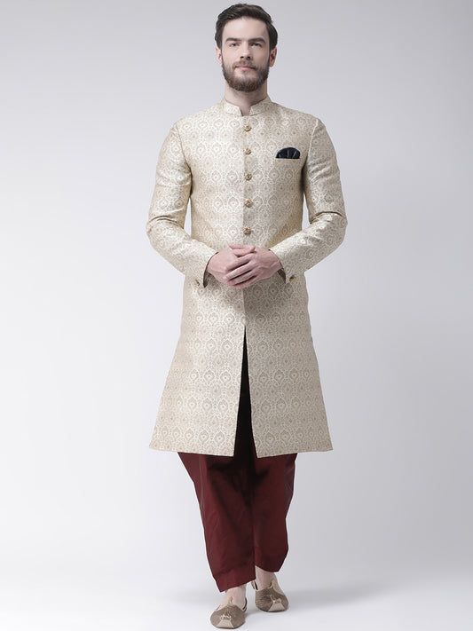 Hangup Men's Self Design Polyester Viscose Party Indo Set with Salwar