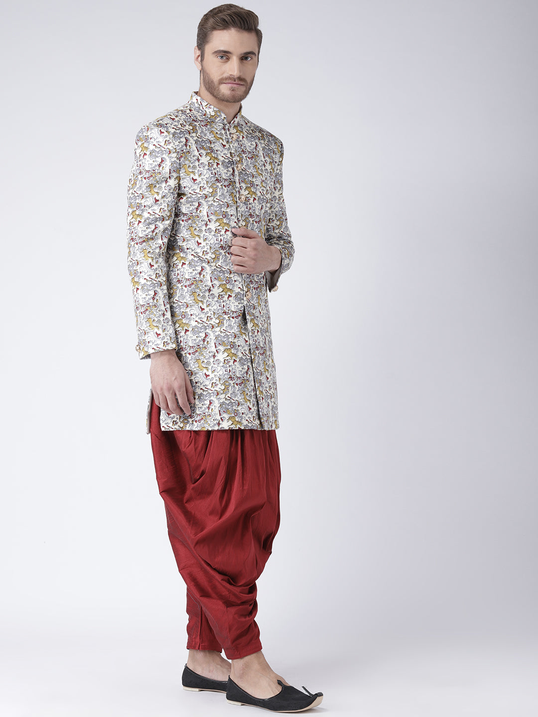 Hangup Men's Printed Polyester Viscose Party Sherwani Set with Salwar