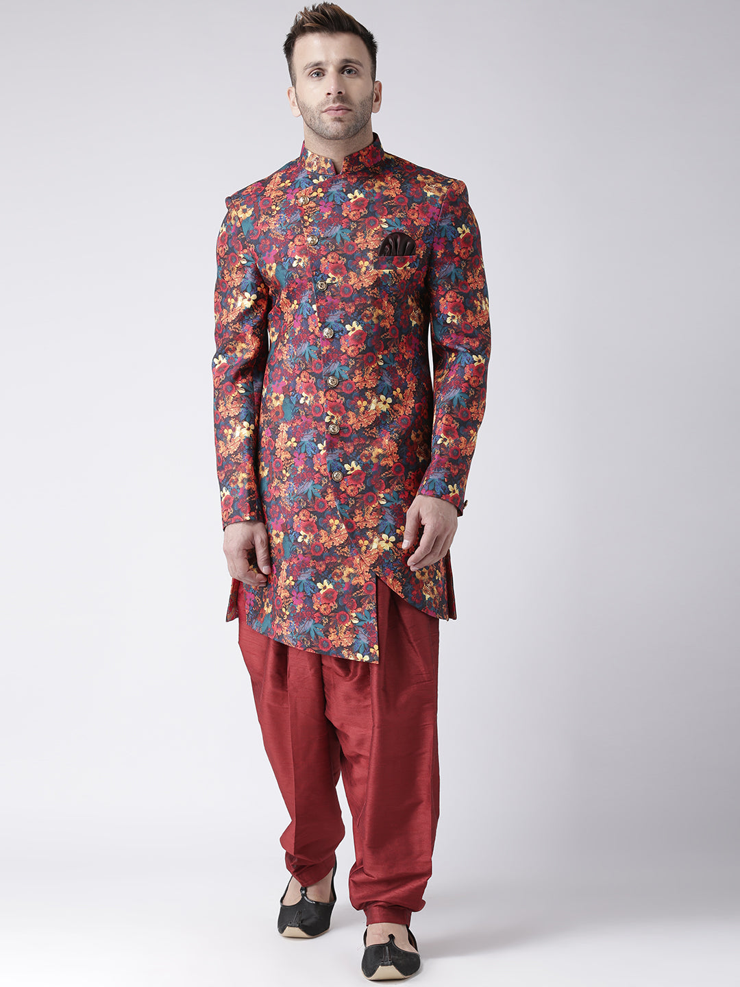 Hangup Men's Printed Polyester Viscose Party Sherwani Set with salwar