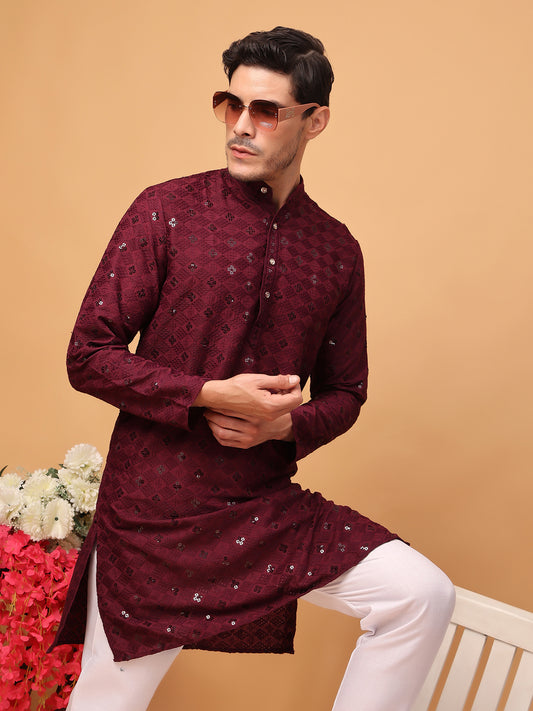 Hangup Men Partywear Embroidered  Maroon  Kurta pyjama set