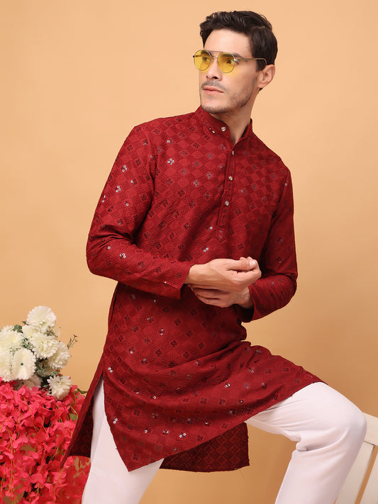 Hangup Men Partywear Embroidered Red Kurta pyjama set