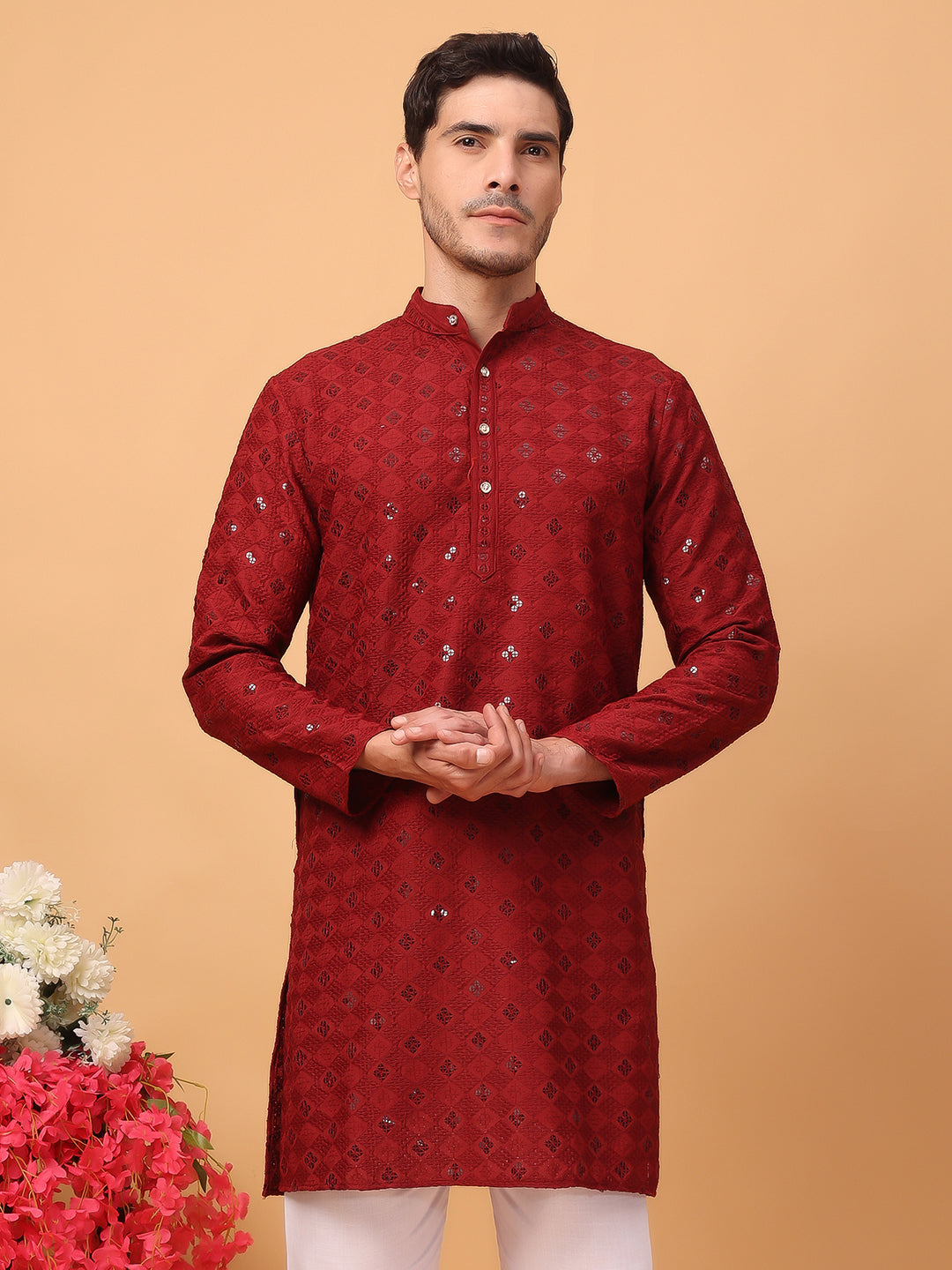 Hangup Mens Partywear Red Kurta