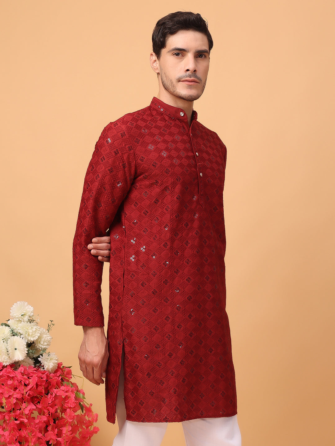 Hangup Mens Partywear Red Kurta