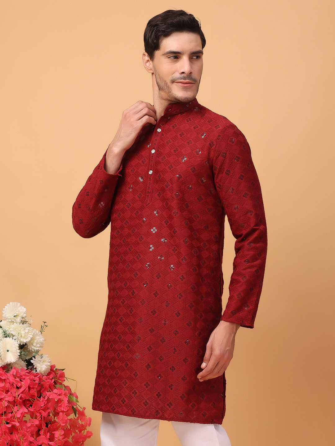 Hangup Mens Partywear Red Kurta