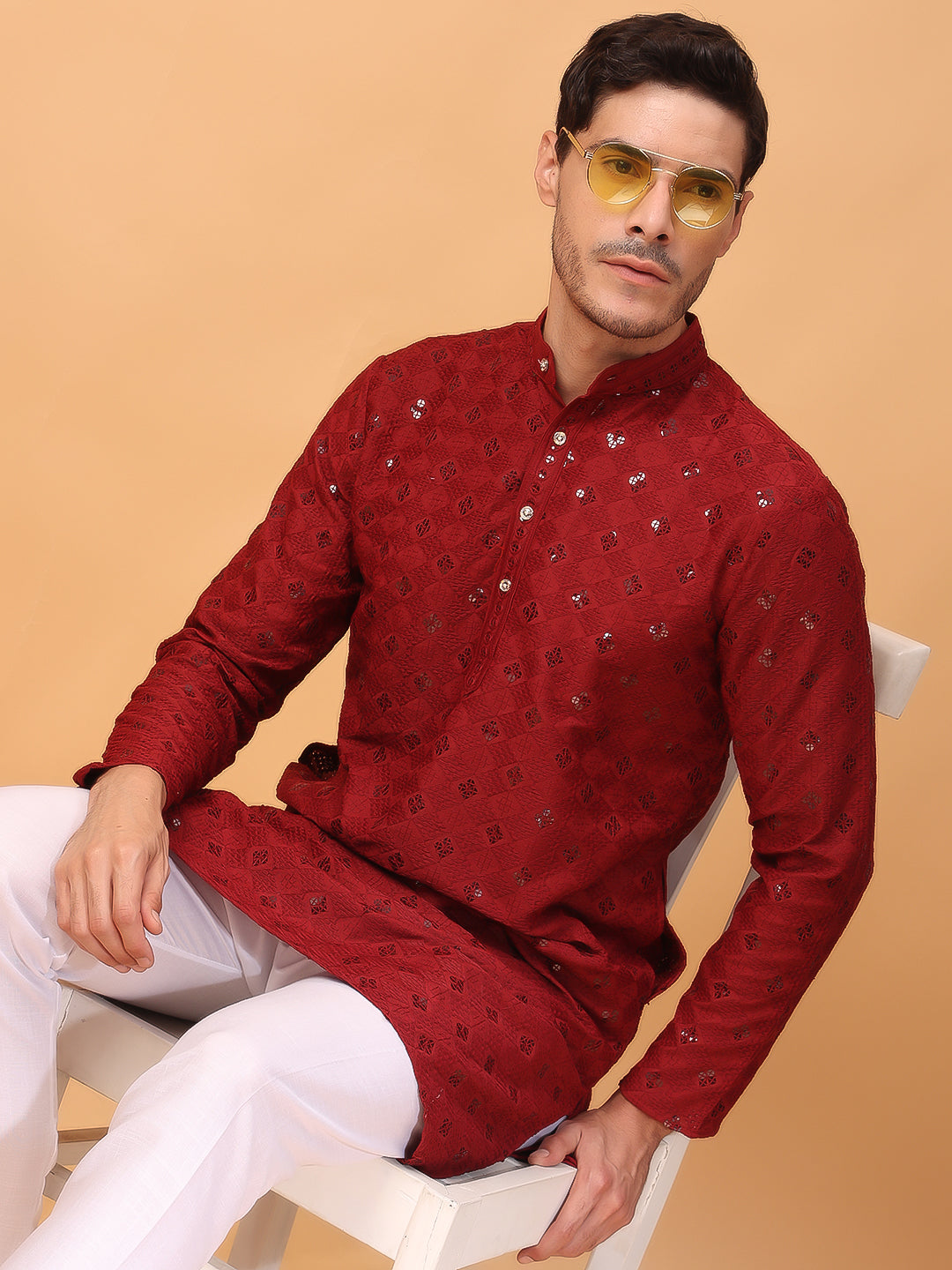 Hangup Mens Partywear Red Kurta