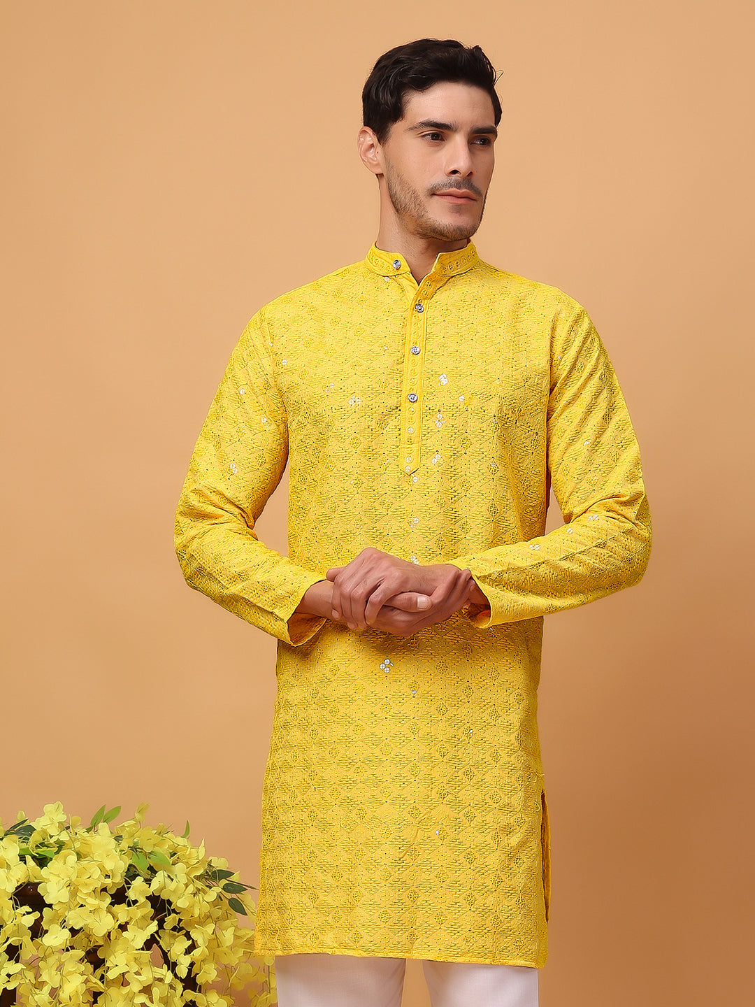 Hangup Mens Partywear Yellow  Kurta