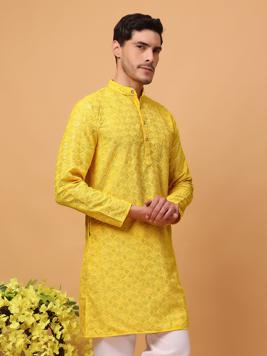 Hangup Mens Partywear Yellow  Kurta