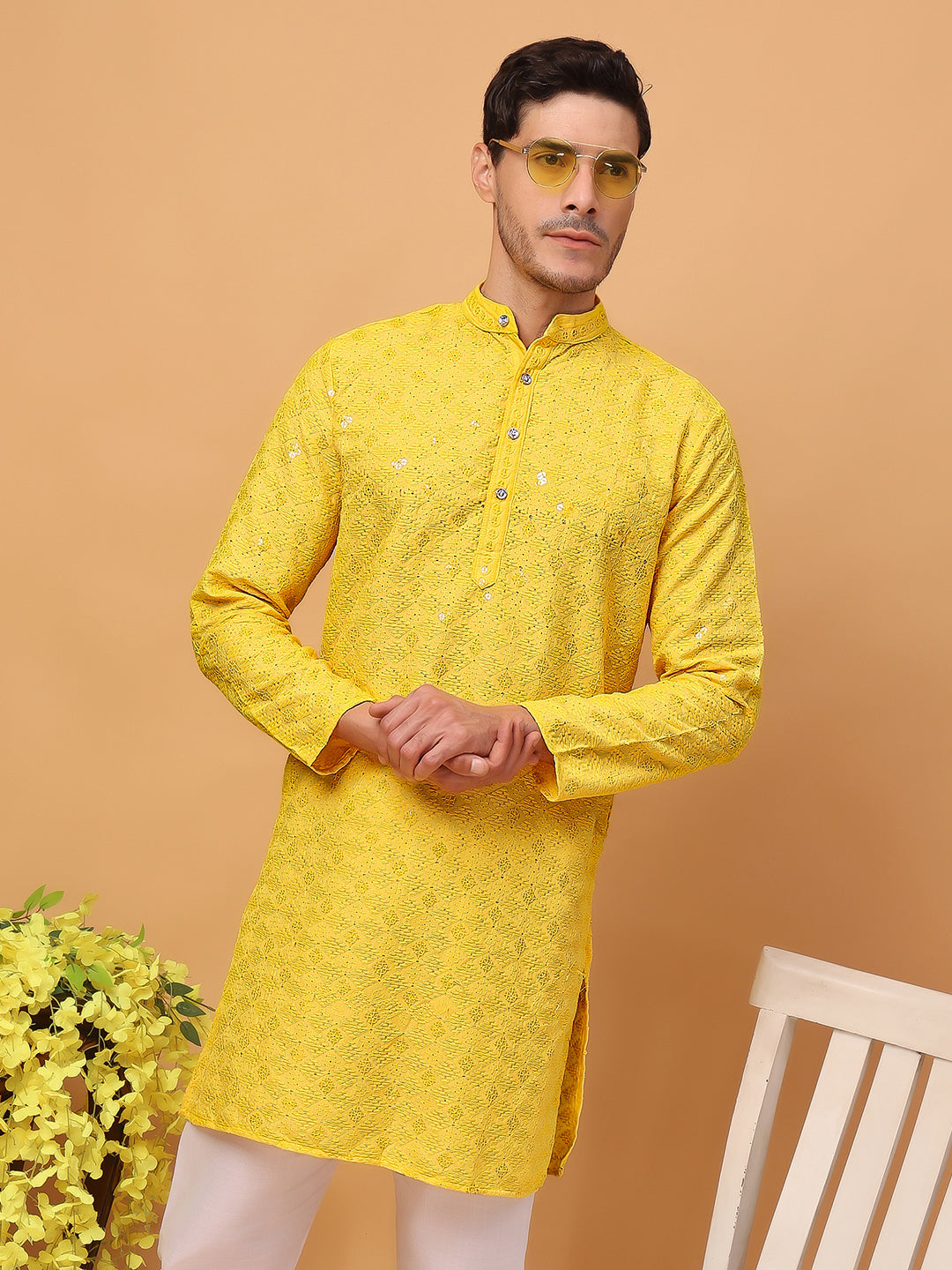 Hangup Mens Partywear Yellow  Kurta