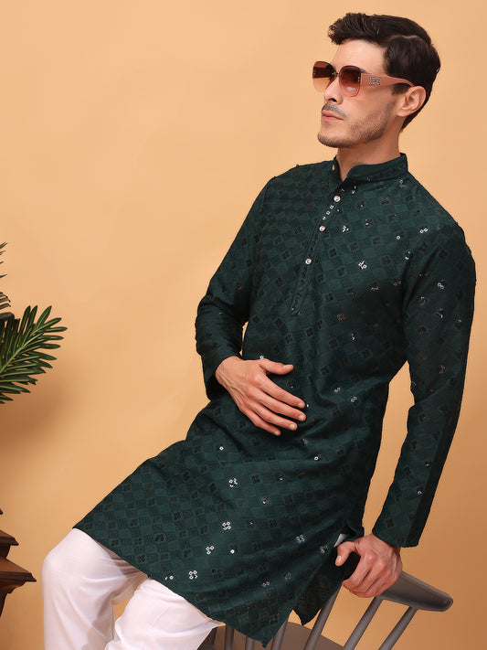 Hangup Men Partywear Embroidered Olive green Kurta pyjama set