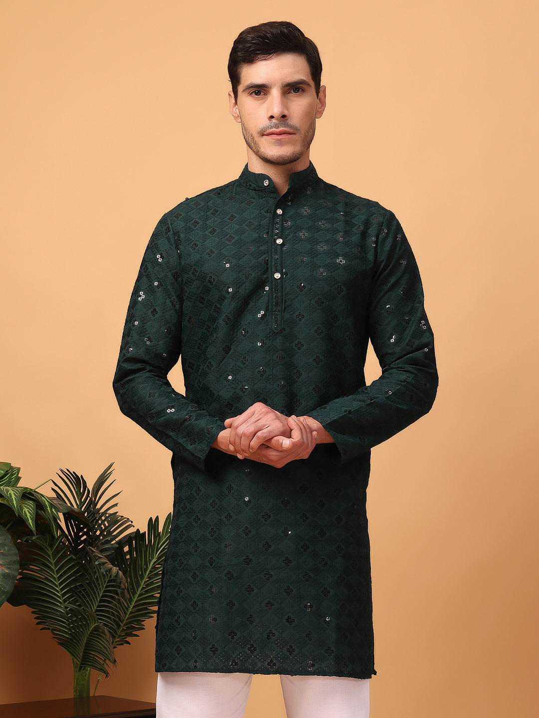 Hangup Mens Partywear Olive green  Kurta