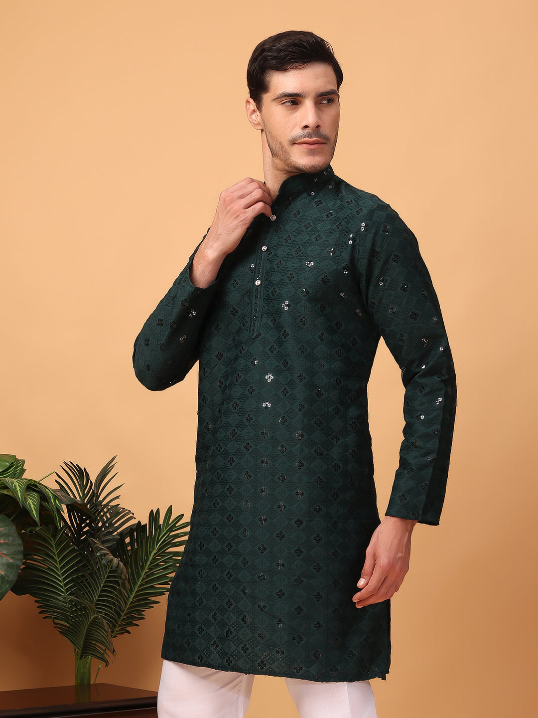 Hangup Mens Partywear Olive green  Kurta