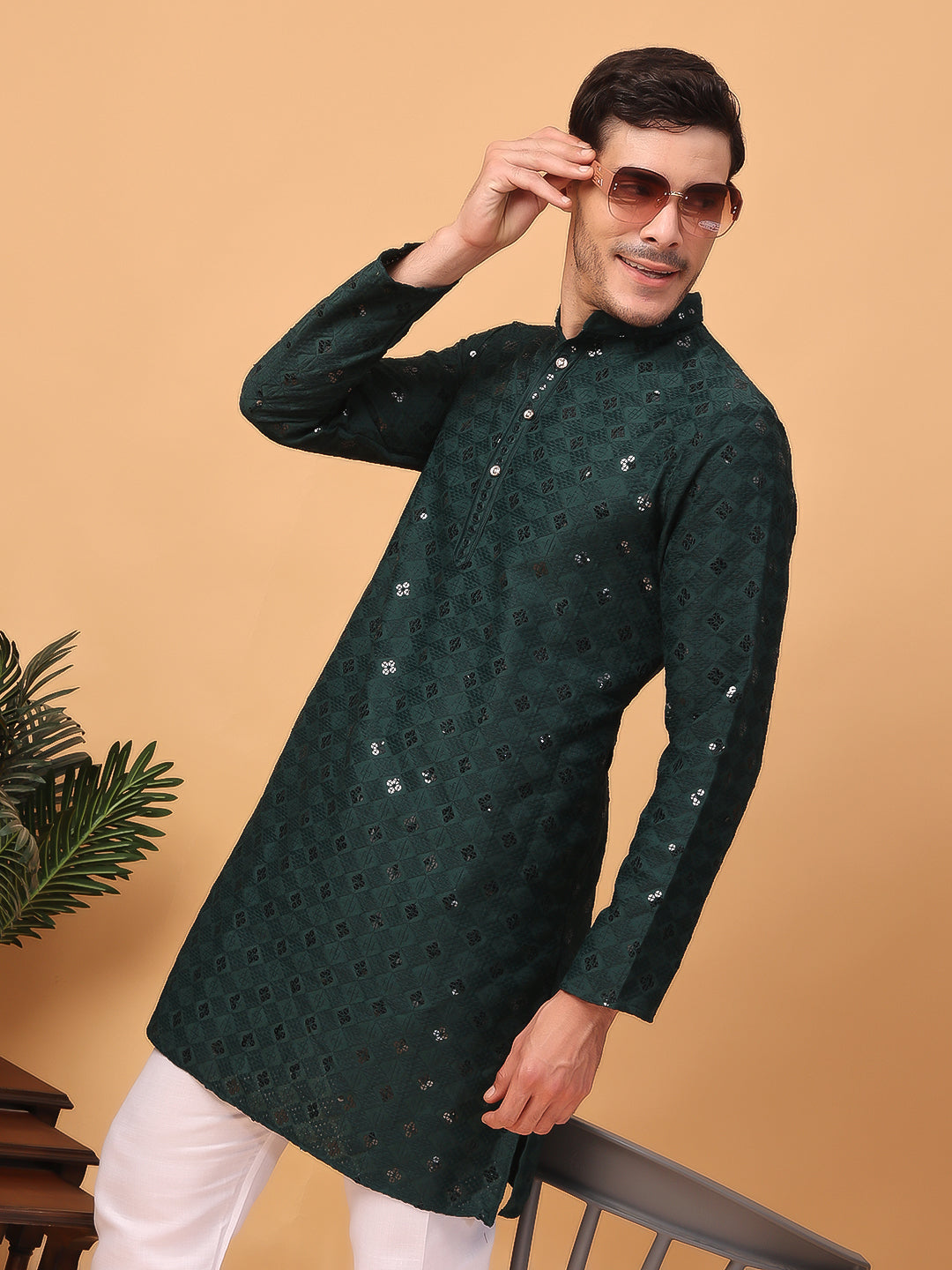 Hangup Mens Partywear Olive green  Kurta