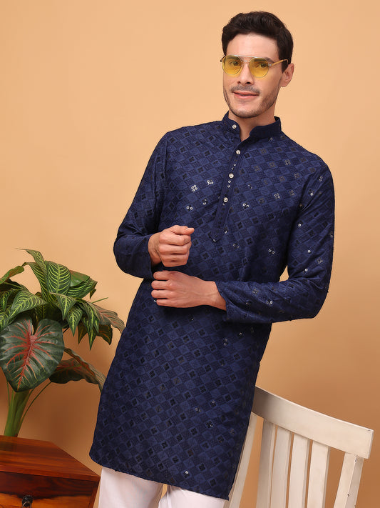 Hangup Men Partywear Embroidered Navy blue Kurta pyjama set