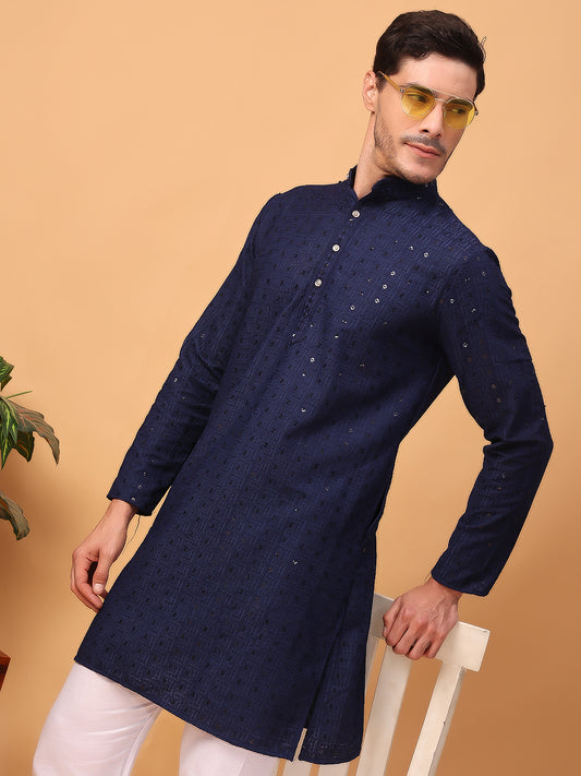 Hangup Men Partywear Embroidered Navy blue Kurta pyjama set