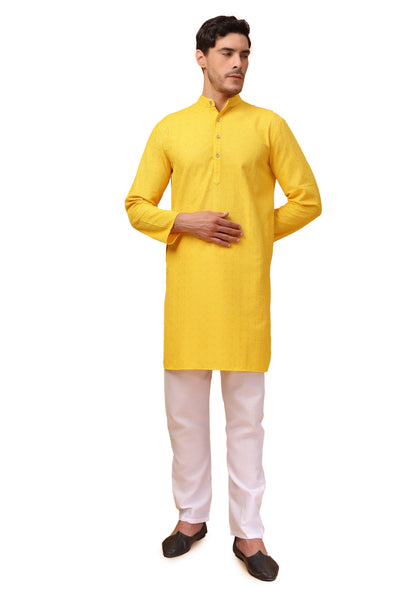 Hangup Men Partywear Embroidered Yellow Kurta pyjama set
