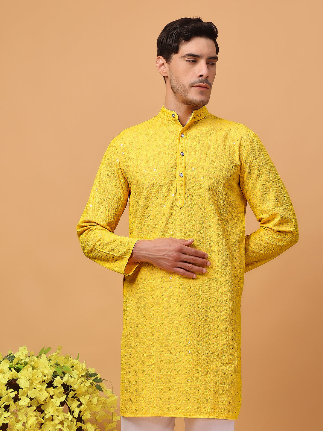 Hangup Mens Partywear Yellow  Kurta