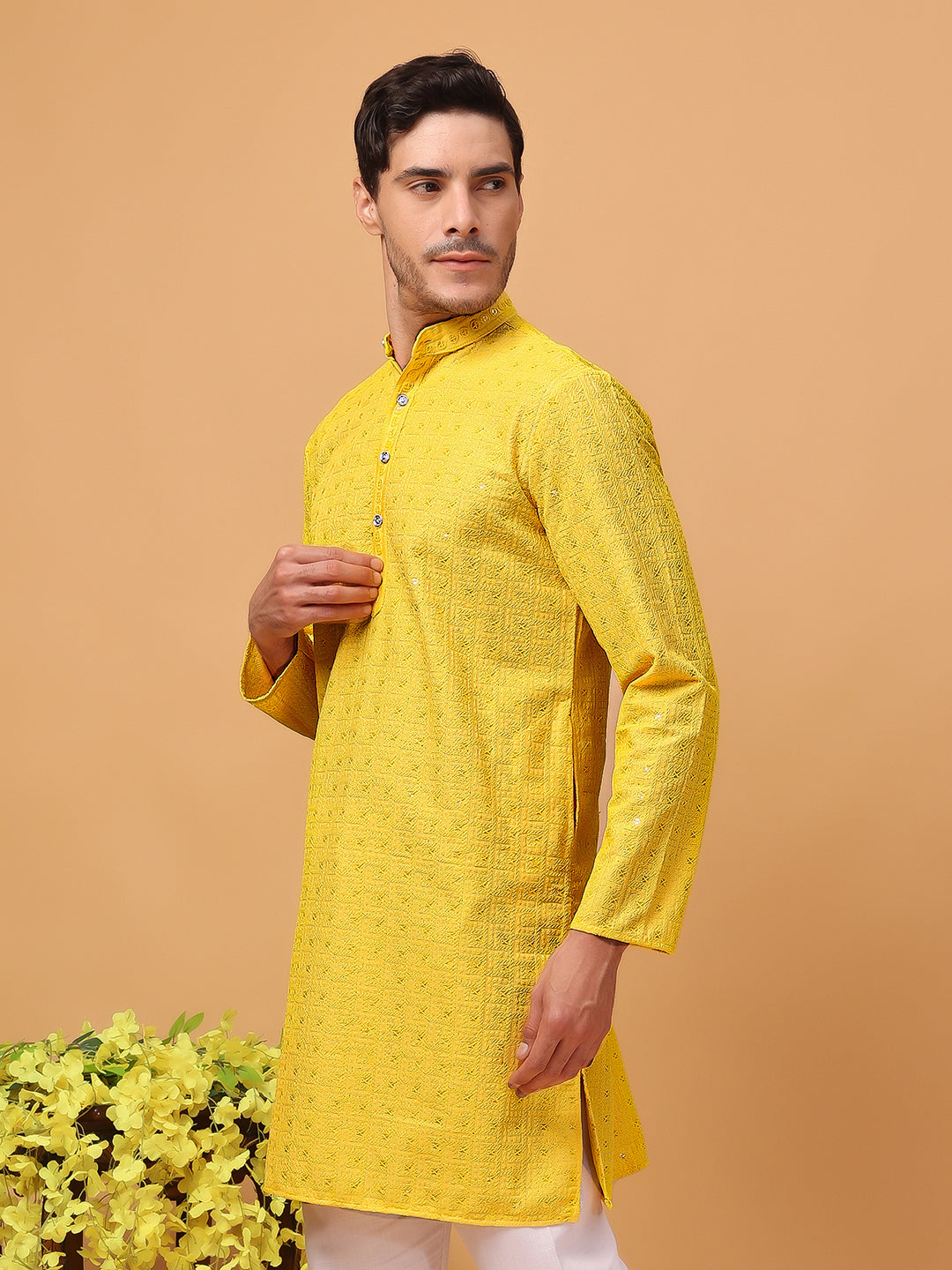 Hangup Mens Partywear Yellow  Kurta