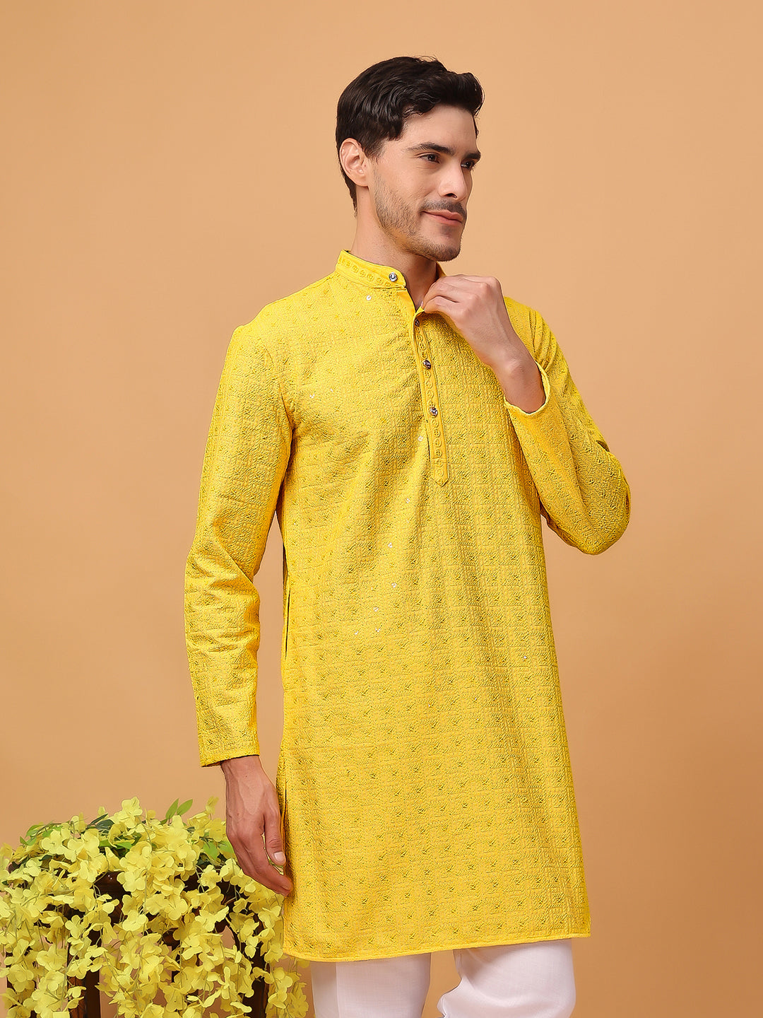 Hangup Mens Partywear Yellow  Kurta