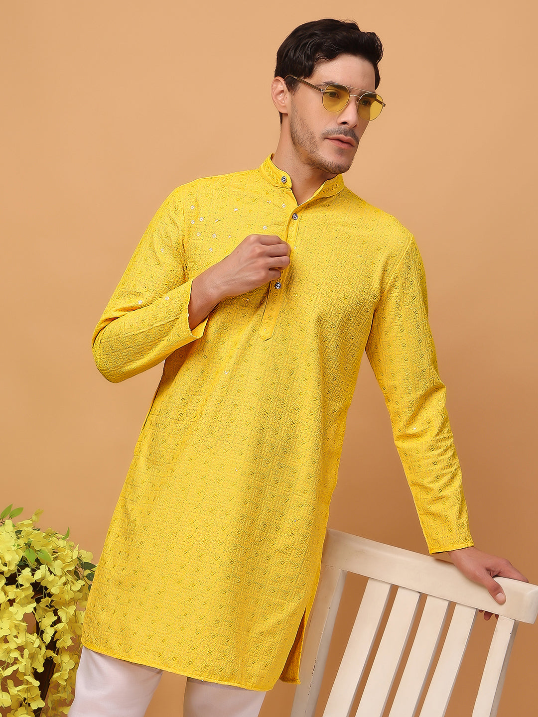 Hangup Mens Partywear Yellow  Kurta