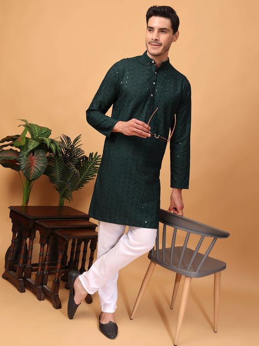 Hangup Men Partywear Embroidered Green Kurta pyjama set