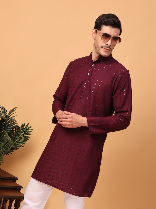 Hangup Men Partywear Embroidered Maroon Kurta pyjama set