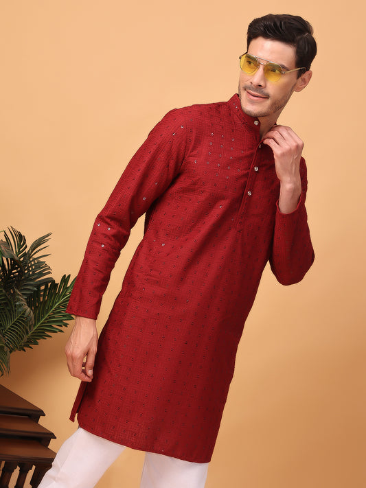 Hangup Men Partywear Embroidered Red Kurta pyjama set