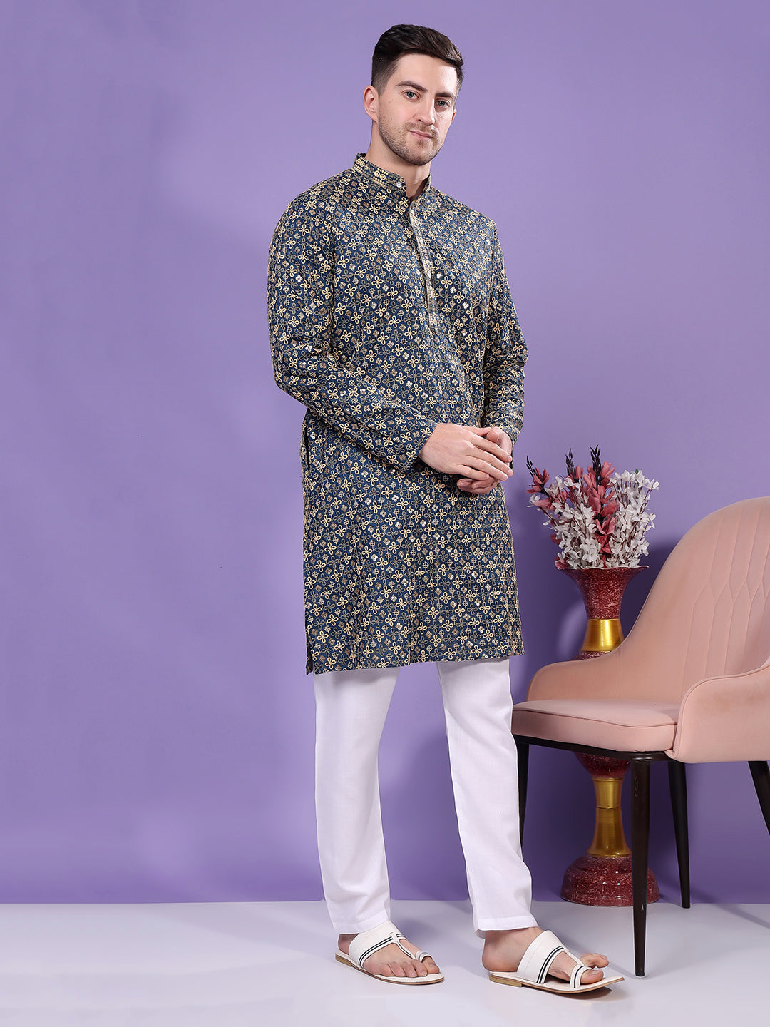 Hangup Men's  Ethnic Embroidered Kurta Only