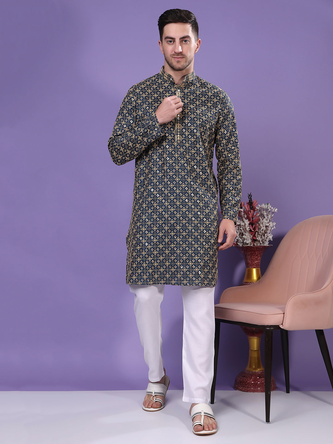 Hangup Men's  Ethnic Embroidered Kurta Only