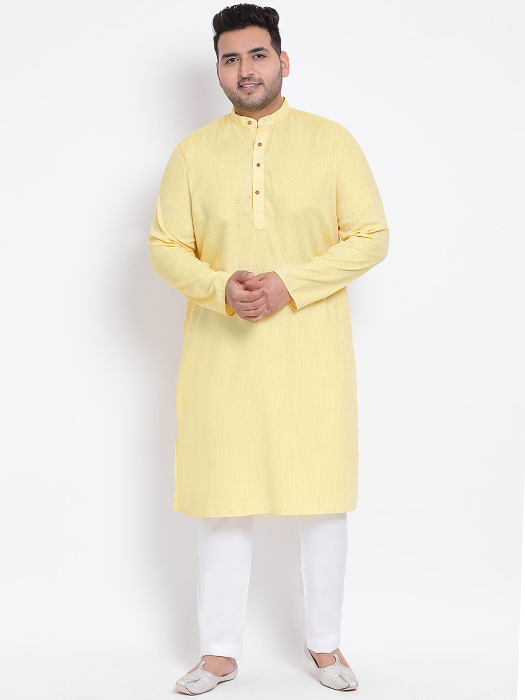 Hangup Men Partywear Yellow White Kurta Pyjama