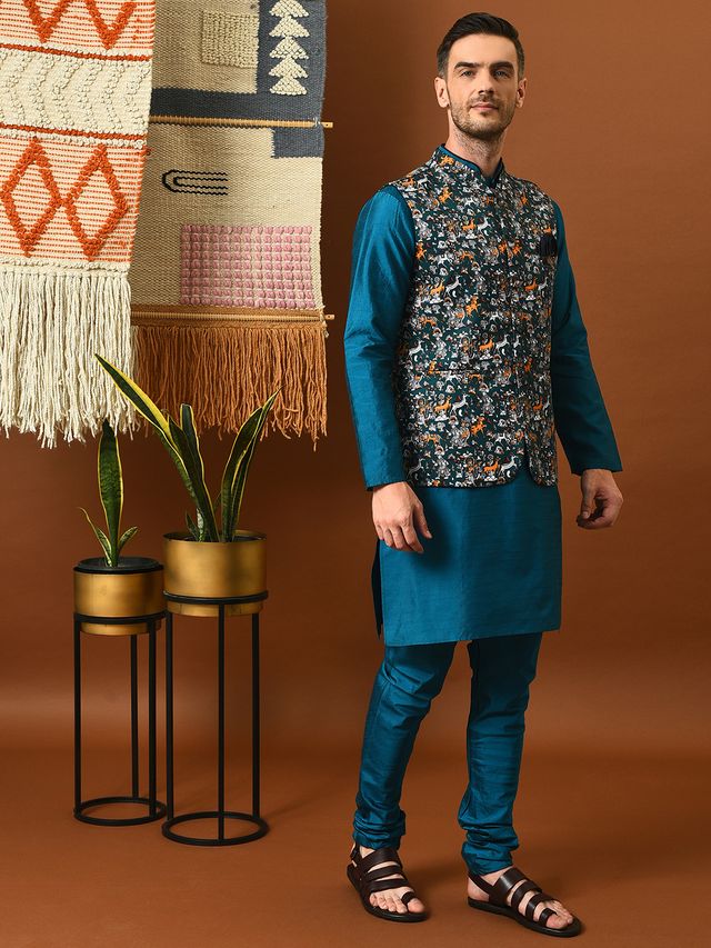 Hangup Men's Ethnic Sea Green Long Kurta Pyjama and Nehru Jacket Set