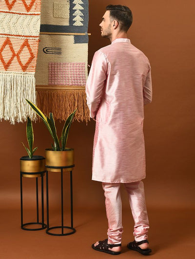 Hangup Men's Ethnic Pink Long Kurta Pyjama and Nehru Jacket Set