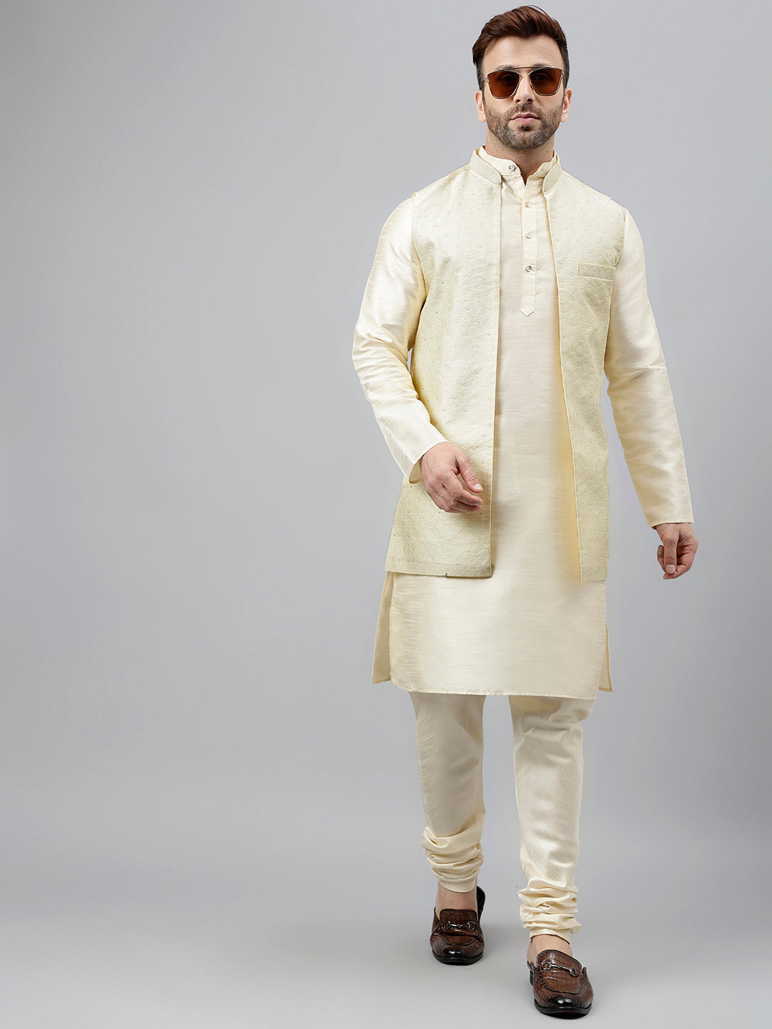 Hangup Men's Partywear Off White Nehru Jacket