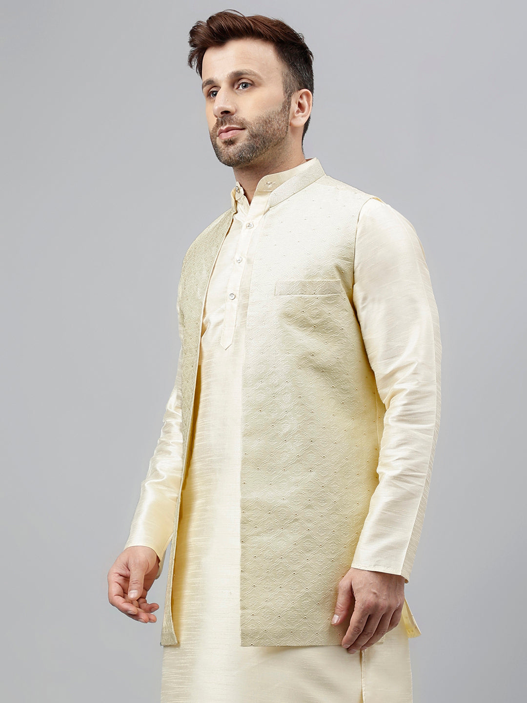 Hangup Men's Partywear Off White Nehru Jacket