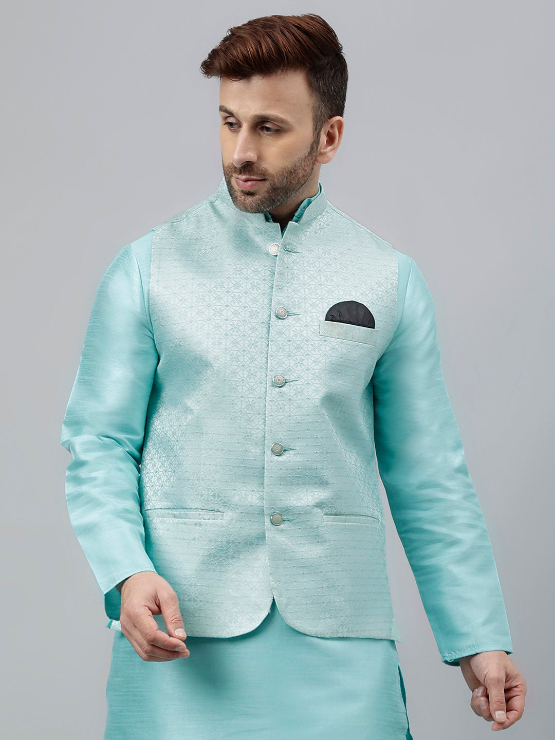 Hangup Men's Partywear Turquoise Nehru Jacket