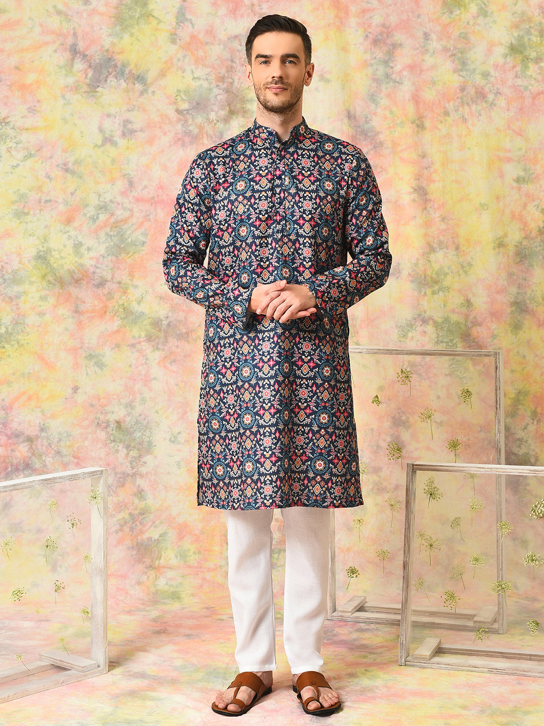 Hangup Mens Ethnic wear Embroidered Printed Cotton Kurta Pyjama Set