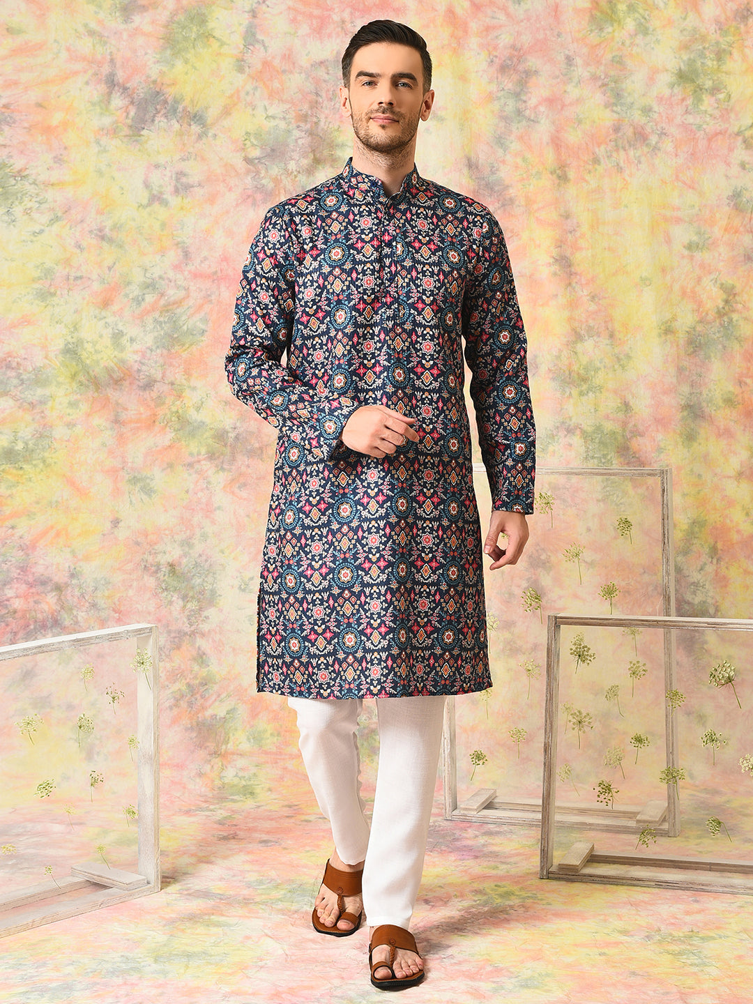 Hangup Mens Ethnic wear Embroidered Printed Cotton Kurta Pyjama Set