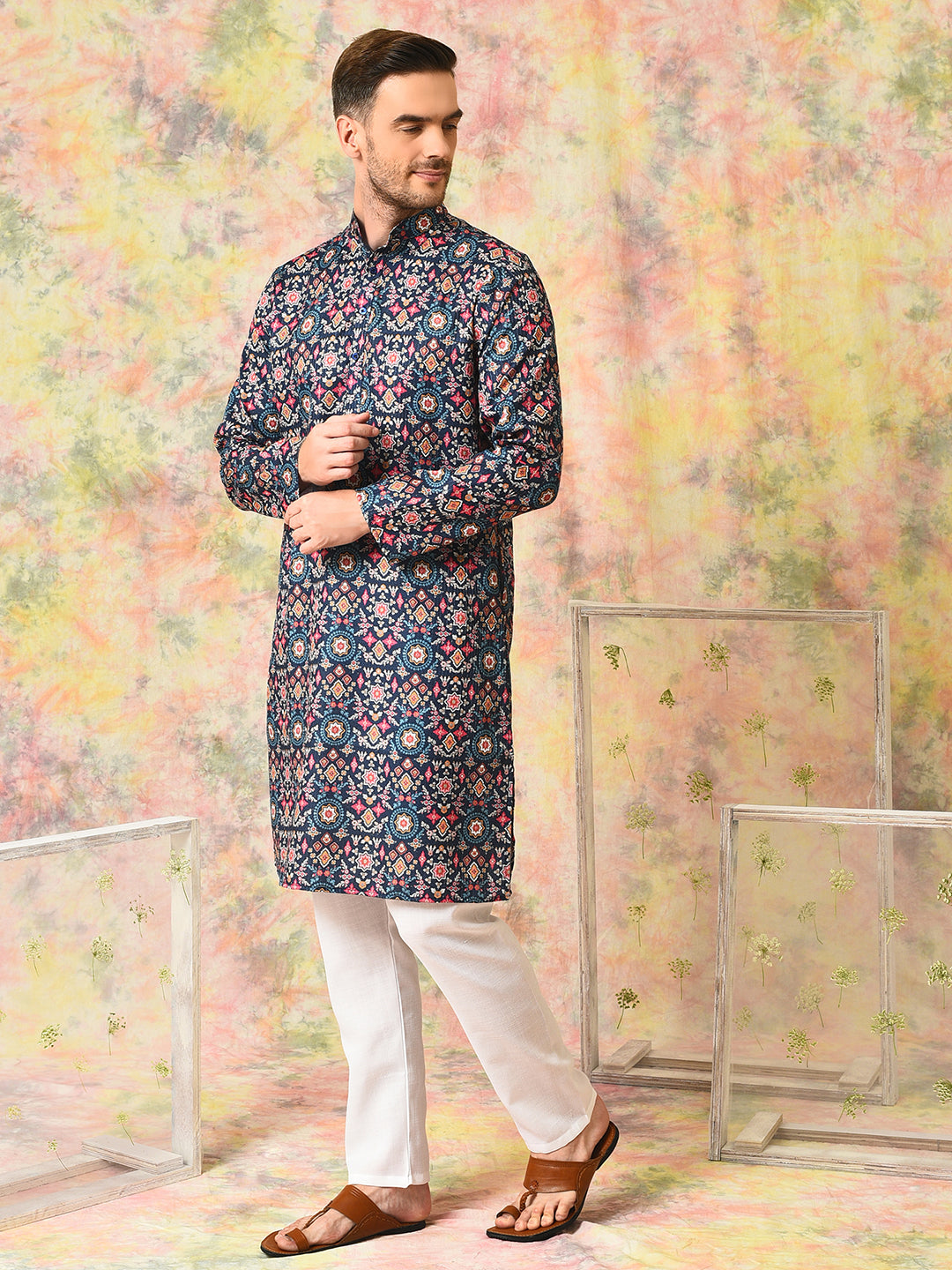 Hangup Mens Ethnic wear Embroidered Printed Cotton Kurta Pyjama Set