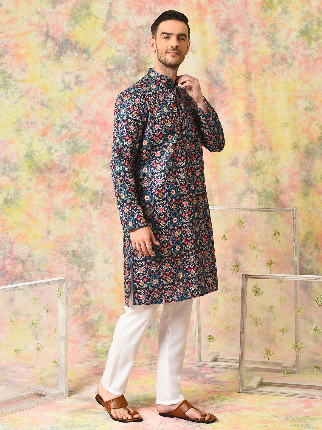 Hangup Mens Ethnic wear Embroidered Printed Cotton Kurta Pyjama Set