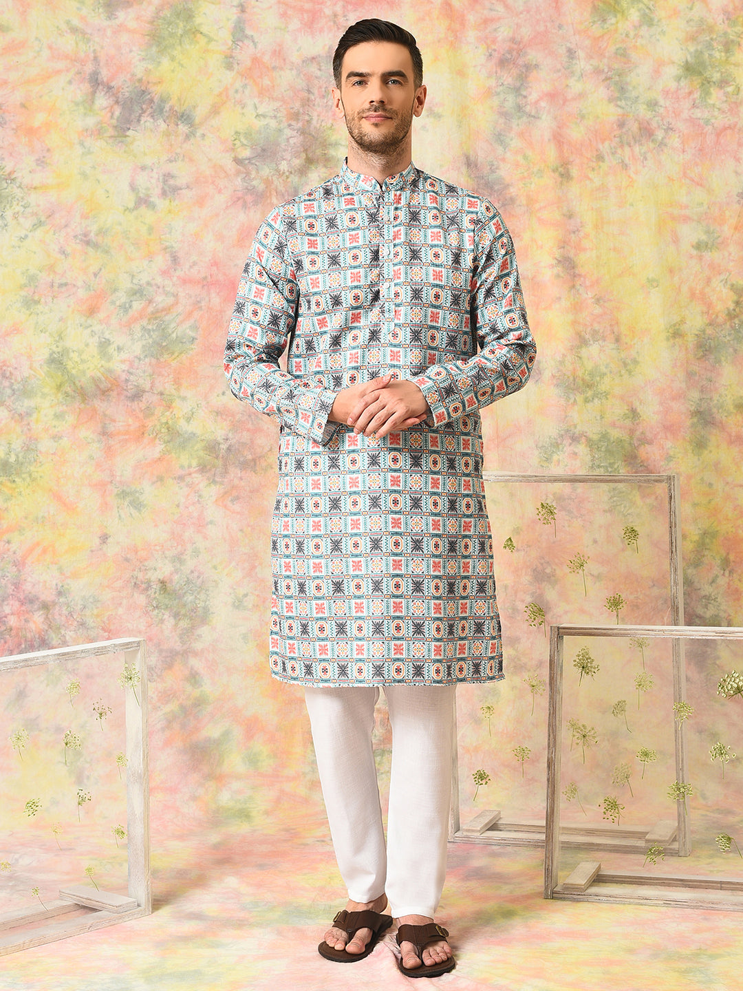 Hangup Mens Ethnic wear Embroidered Printed Cotton Kurta Pyjama Set