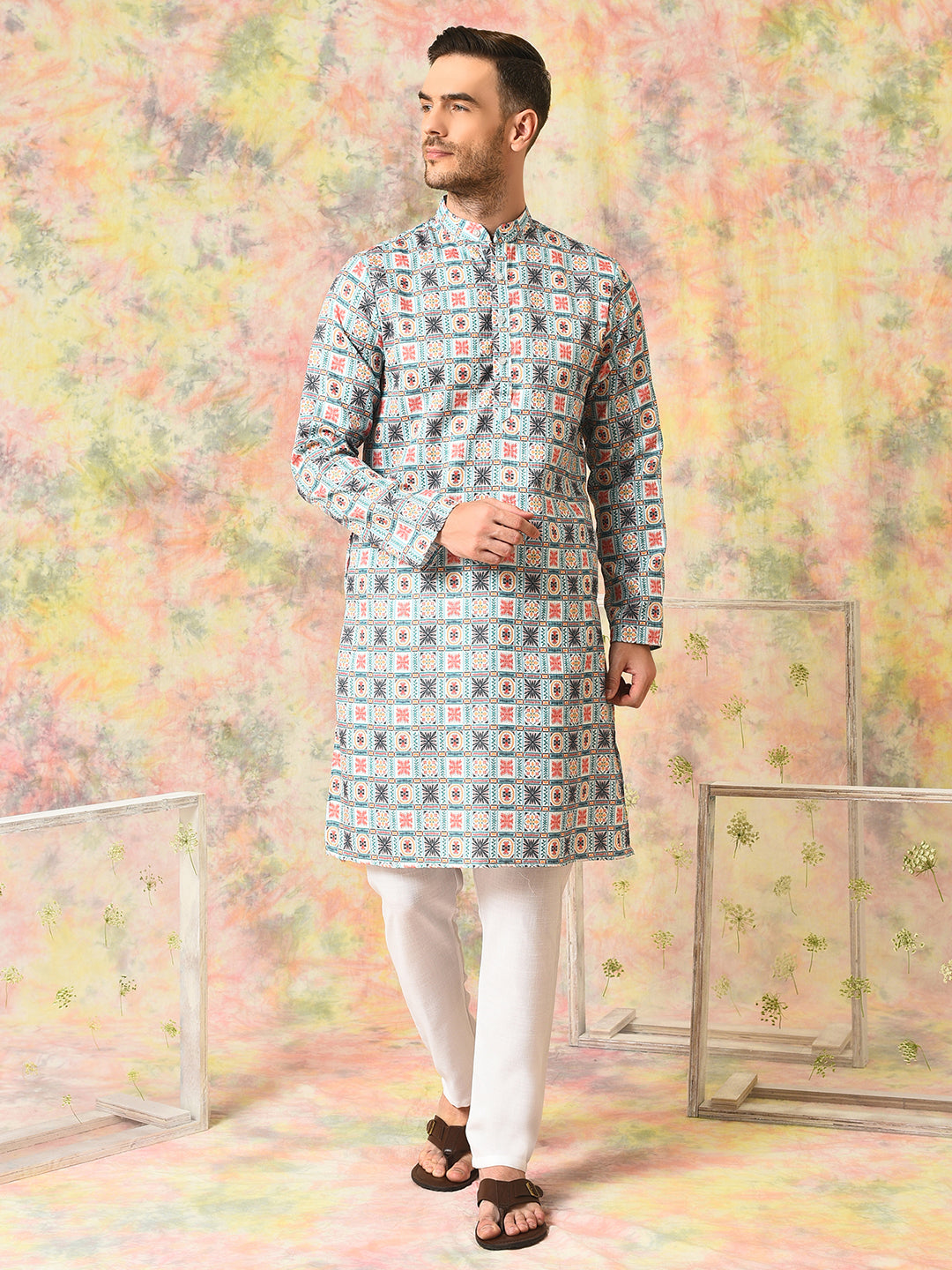 Hangup Mens Ethnic wear Embroidered Printed Cotton Kurta Pyjama Set