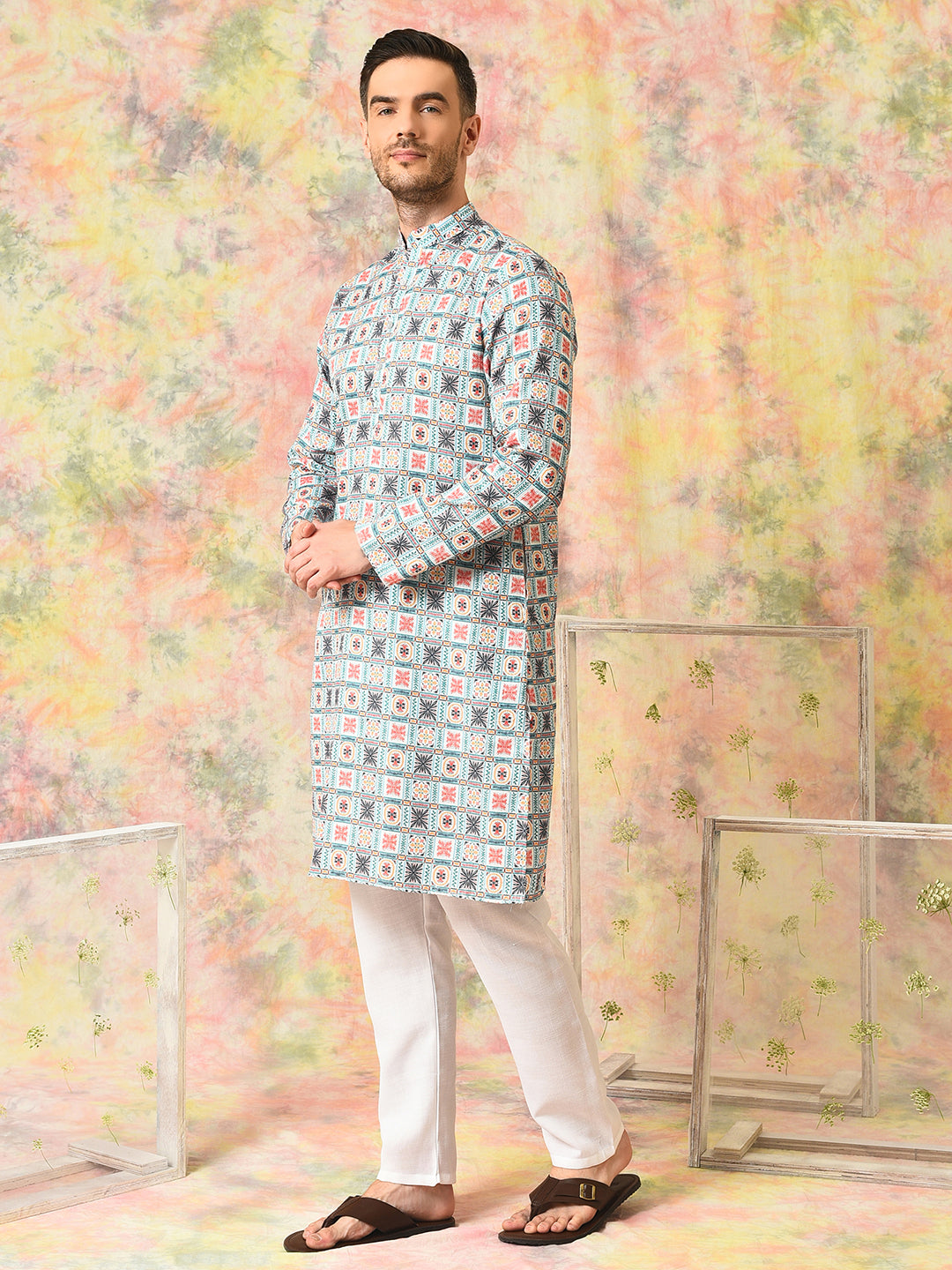 Hangup Mens Ethnic wear Embroidered Printed Cotton Kurta Pyjama Set